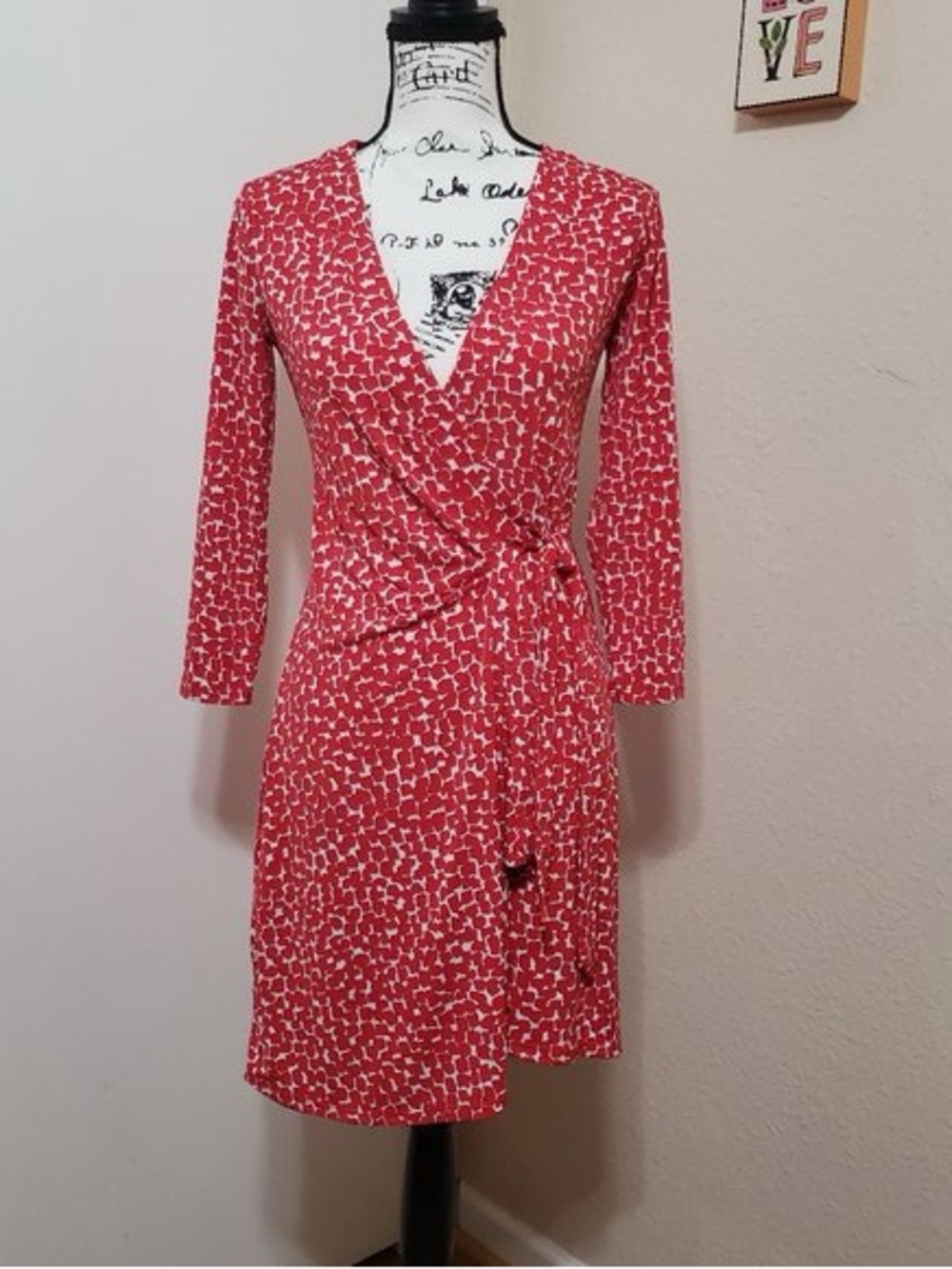 BCBG Red Printed Wrap Dress - Women's V-Neck Long Sleeve